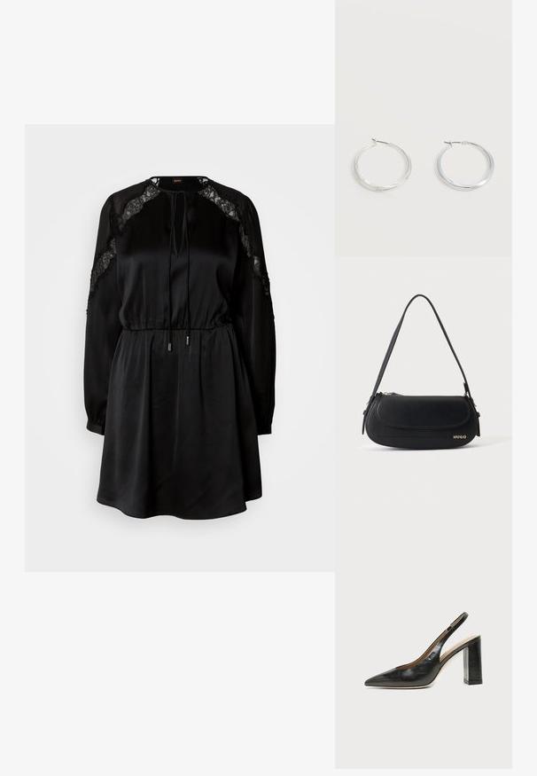 Robe noire en tissu satin avec des détails en dentelle sur les manches. Elle présente un col rond, une taille à cordon et des manches longues et effilées.; Chaussure slingback en cuir noir à bout pointu avec un talon bloc haut et une doublure intérieure beige sur un fond clair uni.; Sac à épaule en cuir noir avec rabat incurvé, logo doré "HUGO" sur le devant, et une bandoulière réglable.; Boucles d’oreilles créoles en métal argenté avec une surface lisse légèrement incurvée et des fermoirs à clapet sur un fond blanc uni.