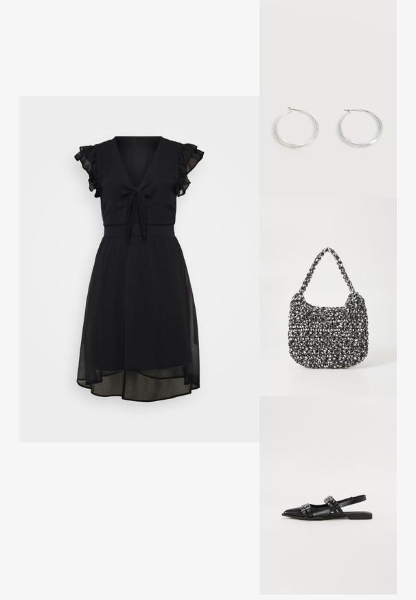 Sorte kjole med V-hals, bindebånd i taljen, korte volangærmer og en lagdelt, gennemsigtig nederdel med en lidt længere bag.; Even&Odd by Zalando Slingback-ballerinasko - black; Vævet håndtaske i sort og hvid med en rund form, tekstureret overflade og et fletet håndtag. Velegnet til afslappet brug.; Sølvfarvede metaloorringe med glat, let buet overflade og låsemekanisme på en ensfarvet hvid baggrund.