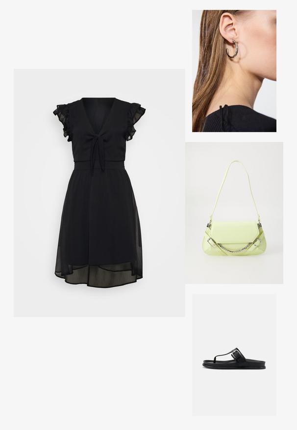 Schwarzes Kleid mit V-Ausschnitt, Bindedetail in der Taille, kurzen Rüschensäumen und einem geschichteten, durchsichtigen Rock mit einem etwas längeren Rücken.; Schwarze Zehensandale mit gepolsterter Sohle und verstellbarem Riemen mit silberner Schnalle, seitlich auf weißem Hintergrund dargestellt.; Hellgrüne synthetische Handtasche mit glatter Textur, einem abnehmbaren Kettenriemen und dekorativen Schnallen; rechteckige Form mit verjüngten Seiten.; Silberne Creolen mit polierter Oberfläche, die kleine goldene Akzentdetails und eine runde Form aufweisen, am Ohrläppchen getragen.
