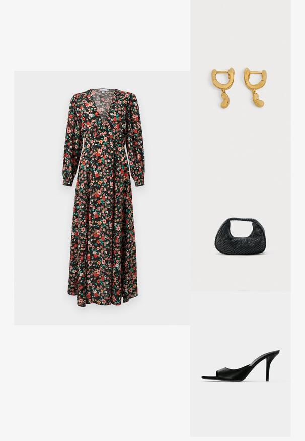 Vestido maxi floral con base negra y flores rojas, rosas y verdes. Mangas largas, escote en V profundo y silueta fluida.; Mule de piel negra con punta abierta y tacón alto de aguja fino, mostrado de perfil sobre un fondo liso.; Bolso hobo tejido negro con estructura suave y asa integrada, exhibido sobre un fondo liso y claro.; Par de pequeños pendientes de aro en tono dorado con dijes irregulares en forma de frijol colgando de cada aro sobre un fondo neutro.