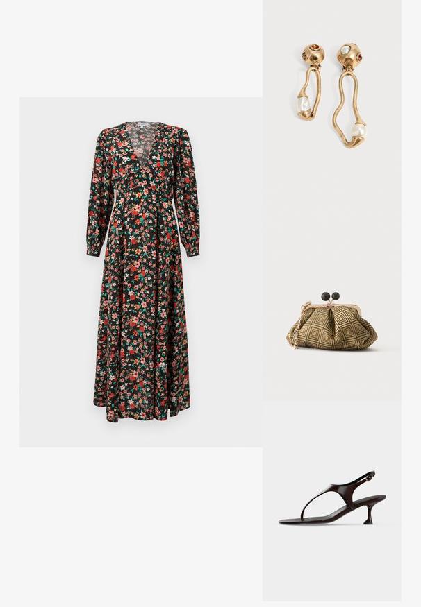 Maxikleid mit floralem Muster, das einen schwarzen Grundton mit roten, pinken und grünen Blumen hat. Lange Ärmel, tiefes V-Ausschnitt und fließende Silhouette.; Dunkelbraune Lackleder-Slingback-Sandale mit kittenabsatz und Zehensteg auf weißem Hintergrund.; Kleine Clutch mit goldenem und schwarzem geometrischem Muster, goldfarbenem Metallrahmen, schwarzem Kugelverschluss und kurzem goldfarbenem Kettenriemen.; Ohrringe in Goldton mit unregelmäßigen offenen Formen, jeweils mit einer Perle am unteren Ende und Edelsteindetails an den runden Steckern.