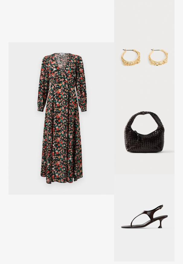 Florale maxi jurk met een zwarte basis en rode, roze en groene bloemen. Lange mouwen, diepe V-hals en vloeiende silhoët.; Donkerbruine lakleren slingbacksandaal met kittenheel en teenbandje op witte achtergrond.; Geweven leren handtas in donkerbruin, afgeronde vorm met een dikke gevlochten handgreep. Voorzien van een ritssluiting en subtiele branding aan de zijkant.; Set gouden creolen met sierlijke bloem- en bladreliëf op een neutrale achtergrond.