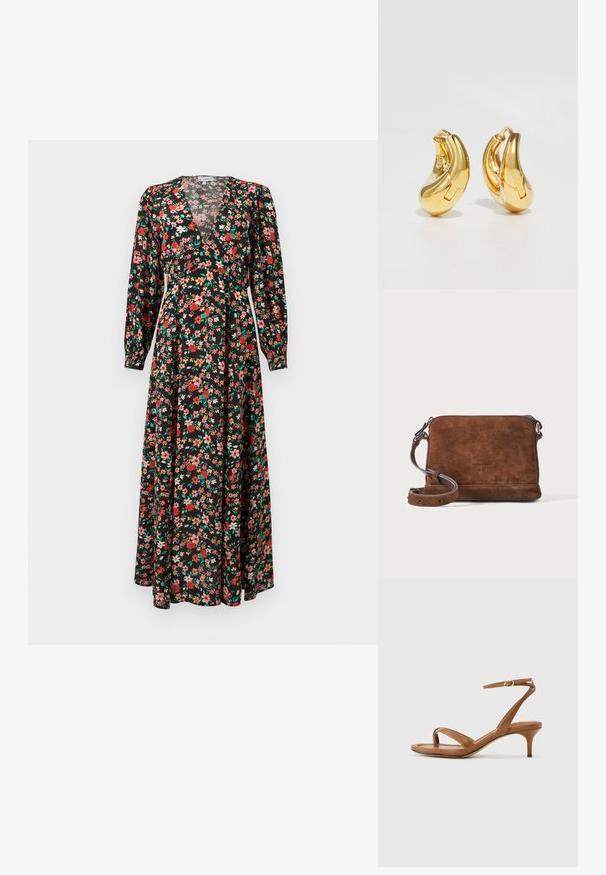 Maxikleid mit floralem Muster, das einen schwarzen Grundton mit roten, pinken und grünen Blumen hat. Lange Ärmel, tiefes V-Ausschnitt und fließende Silhouette.; Braune Leder-Riemchensandale mit niedrigem Kitten-Heel und einem Knöchelriemen mit kleiner Schnalle, seitlich auf neutralem Hintergrund dargestellt.; Braune Wildleder-Umhängetasche mit verstellbarem Riemen und silbernen Beschlägen, rechteckige Form auf einfarbig hellem Hintergrund.; Goldene Creolen mit einer glatten, geschwungenen Form und polierter Oberfläche. Mit einem Verschlussmechanismus und leichten Einkerbungen für Details.