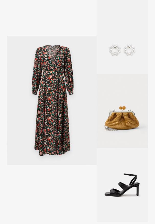 Vestido maxi floral con base negra y flores rojas, rosas y verdes. Mangas largas, escote en V profundo y silueta fluida.; Sandalia negra de tacón alto con tres correas, hebilla en el tobillo y puntera cuadrada sobre un fondo blanco.; Pequeño bolso de mano tejido marrón con marco metálico plateado, dos cierres redondos de madera y una correa corta de cadena plateada sobre un fondo blanco.; Pendientes circulares de metal, con múltiples piedras transparentes y facetadas dispuestas en un patrón brillante. Incoloras y reflectantes.