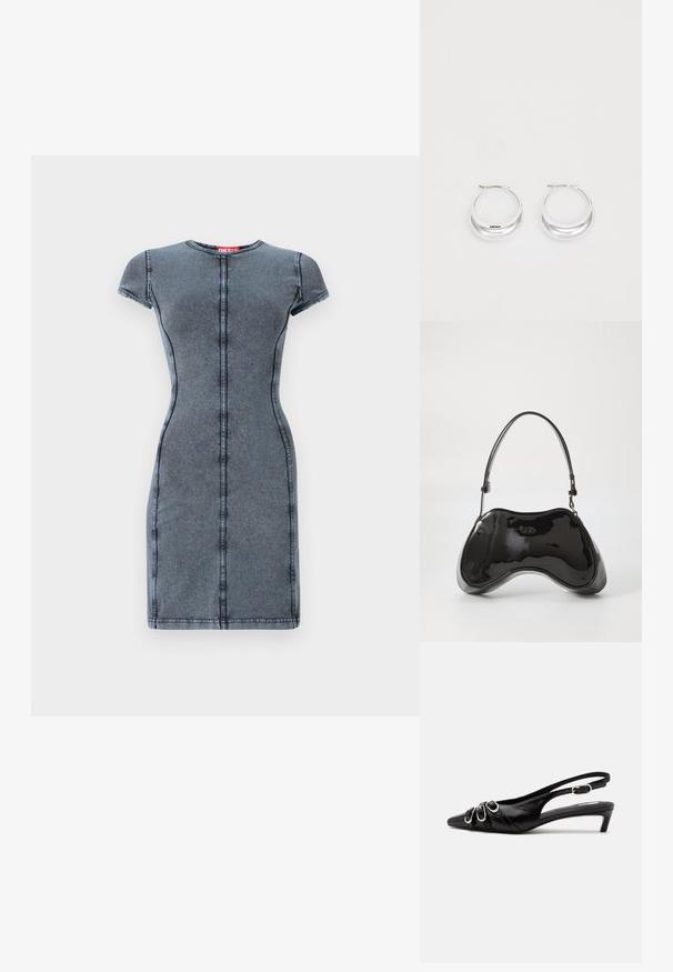 Denim kjole i mørkegrå med korte ærmer, rund hals og central syning. Glat tekstur, tætsiddende silhuet, knælang.; Sort læder slingback sko med spids tå, tre sølvspænder på forsiden og lav lille hæl på hvid baggrund.; Sort patentlæder håndtaske med en unik buet form, kort justerbar hank og en lynlåslukning i toppen. Glat tekstur med diskret branding.; Sølv hoops øreringe med en poleret overflade og DKNY branding, præsenteret mod en simpel hvid baggrund.