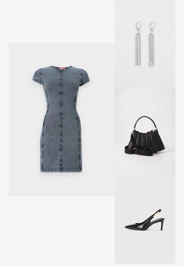 Denim kjole i mørkegrå med korte ærmer, rund hals og central syning. Glat tekstur, tætsiddende silhuet, knælang.; Sort læder slingback højhælede sko med spidse tæer, glat overflade og en smal ankelrem med guldfarvede hardware detaljer.; Sort plisseret handbag med et rundet håndtag, justerbar rem og blank overflade. Har sølvfarvet hardware og en struktureret silhuet.; Sølv øreringe med to forlængede stænger, hver sat med små, klare rhinsten i et lineært mønster. Lever-back lukning.