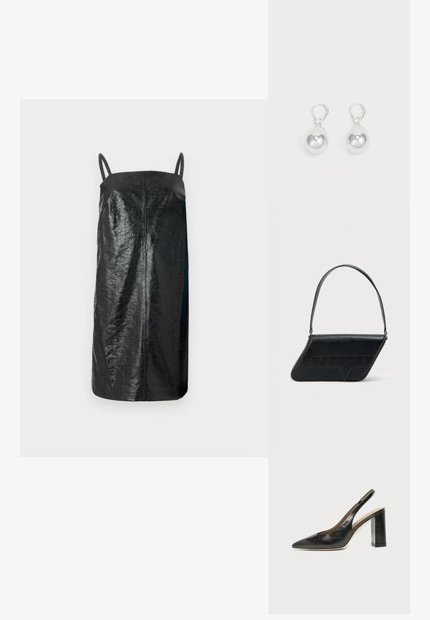 Sorte ærmeløs kjole lavet af struktureret materiale, med et simpelt, lige design, tynde stropper og en mid-length skæring.; Sort læder peep-toe slingback sko med høj blokhæl og beige indvendig foring mod en ensfarvet lys baggrund.; Sort skuldertaske i læder med trekantet form, præget logo og en enkelt justerbar rem. Minimalistisk design med glat tekstur.; Sølv dråbeøreringe med glatte, runde, reflekterende overflader hængende fra svingelukkede låse. Baggrunden er helt hvid.