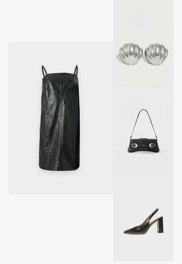 Sorte ærmeløs kjole lavet af struktureret materiale, med et simpelt, lige design, tynde stropper og en mid-length skæring.; Sort læder peep-toe slingback sko med høj blokhæl og beige indvendig foring mod en ensfarvet lys baggrund.; Sort skuldertaske i læder med to sølvspænder og justerbar rem, med "HUGO"-logo på midten foran.; To sølvfarvede kompakte spejle formet som muslingeskaller med ribbede detaljer, placeret side om side på en hvid baggrund.