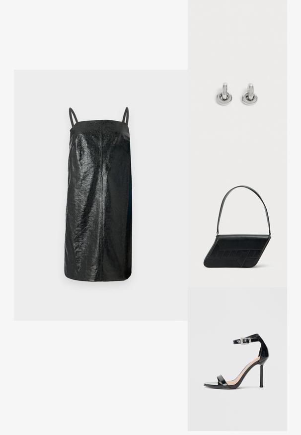 Sorte ærmeløs kjole lavet af struktureret materiale, med et simpelt, lige design, tynde stropper og en mid-length skæring.; Sort højhælet sandal i laklæder med ankelrem. Har minimalistisk design, åben tå og spænde med rhinsten-detaljer.; Sort skuldertaske i læder med trekantet form, præget logo og en enkelt justerbar rem. Minimalistisk design med glat tekstur.; Par små, skinnende sølv hoops med rund base, vist på en ensfarvet lys baggrund.