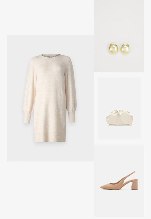 Robe en tricot couleur blanc cassé avec un col rond, un décolleté orné et de longues manches bouffantes. Présente des poignets et un ourlet en côtes. Texture douce.; Chaussure à talon haut beige avec un bout pointu, dessus en cuir lisse et un talon bloc transparent. Design simple avec un côté découpé.; Pochette en cuir souple couleur crème avec un design froncé et une fine bandoulière reposant à l’avant sur un fond uni.; Boucles d'oreilles en métal doré avec une forme lisse et arrondie et une finition polie. Design simple sans embellissements supplémentaires.