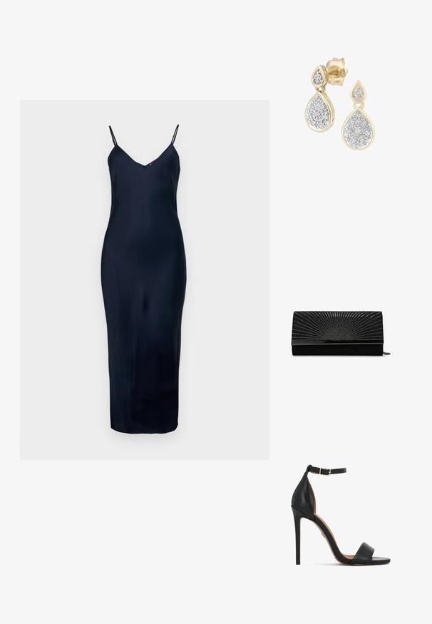 Vestido sin mangas de color azul marino, con tirantes finos, escote en V, textura suave y silueta ajustada, que llega a mitad de la pantorrilla.; Sandalia de tacón alto de piel negra con una estrecha correa en el tobillo, diseño de punta abierta y tacón de aguja elegante. Textura lisa con acentos mínimos.; Bolso de mano negro en ante con cierre metálico, que presenta un patrón adornado de tachuelas plateadas que irradian desde el centro. Compacto y rectangular.; Pendientes en forma de lágrima con un marco dorado y acentos plateados, adornados con múltiples piedras redondas brillantes en una disposición decorativa.