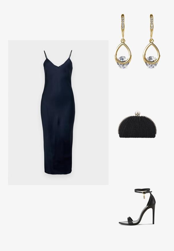 Robe sans manches bleu marine avec de fines bretelles, décolleté en V, texture lisse et silhouette ajustée, atteignant le mi-mollet.; Sandale noire à talons hauts avec une finition en cuir lisse, bout ouvert, bride de cheville avec une boucle dorée et un charm décoratif.; Pochette de soirée noire en tissu texturé, encadrée par une rangée de petites perles, avec un grand fermoir en perle sur le dessus.; Boucles d'oreilles en or en forme de goutte avec des pierres précieuses rondes et transparentes à la base. Section supérieure texturée avec de petits accents ronds le long de l'anneau.