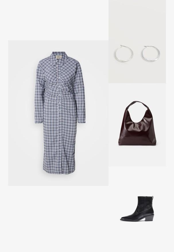 Vestido camisero de manga larga y botones en azul y blanco a cuadros. Presenta una cintura ceñida y un corte recto, fabricado en tejido ligero.; Bota negra de cuero hasta el tobillo con punta afilada y tacón bajo. Cuenta con un cierre lateral y detalles de costura mínimos para un diseño elegante.; Bolso tote vegan de cuero brillante en burdeos, con una forma suave y escultórica y un asa ancha y curvada para facilitar el transporte.; Pendientes de aro de metal plateado con superficie lisa y ligeramente curvada y cierre de tipo mosquetón sobre un fondo blanco liso.