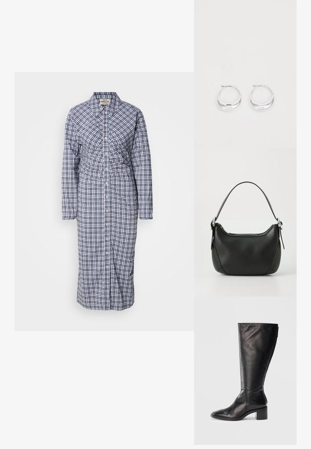 Vestido camisero de manga larga y botones en azul y blanco a cuadros. Presenta una cintura ceñida y un corte recto, fabricado en tejido ligero.; Bota de cuero negra hasta la rodilla con punta cuadrada, tacón cuadrado y diseño elegante. Textura suave con cremallera lateral para facilitar su uso.; Bolso de mano de cuero negro con forma curvada, cremallera plateada y un asa corta. Presenta un logotipo sutil en la parte frontal y una textura suave.; Pendientes de aro de plata con un acabado pulido y la marca DKNY, exhibidos sobre un fondo blanco liso.