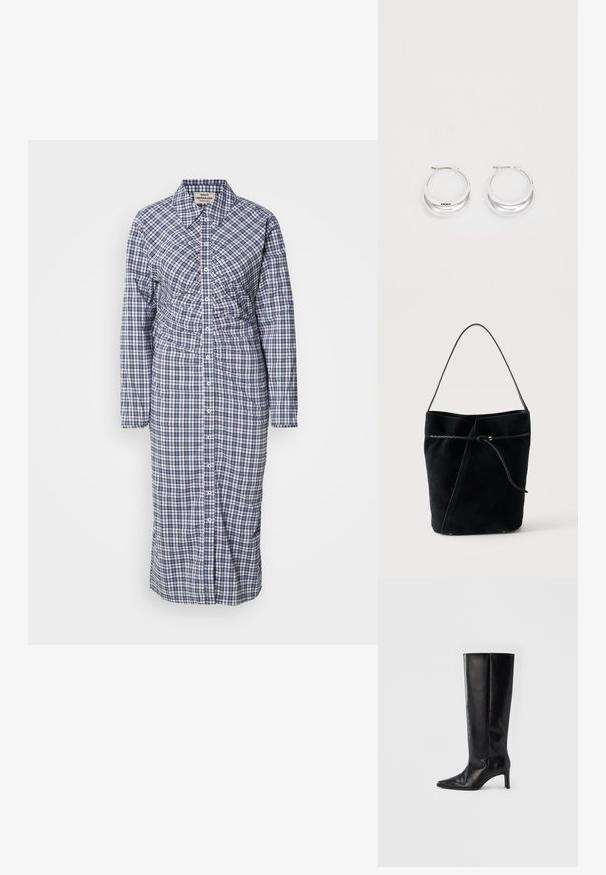 Vestido camisero de manga larga y botones en azul y blanco a cuadros. Presenta una cintura ceñida y un corte recto, fabricado en tejido ligero.; Botas negras hasta la rodilla hechas de cuero suave, con punta puntiaguda y tacón delgado, con caña ajustada y diseño minimalista.; Bolso tipo cubo de ante negro con cordón trenzado de cuero y una sola correa para el hombro sobre un fondo blanco liso.; Pendientes de aro de plata con un acabado pulido y la marca DKNY, exhibidos sobre un fondo blanco liso.