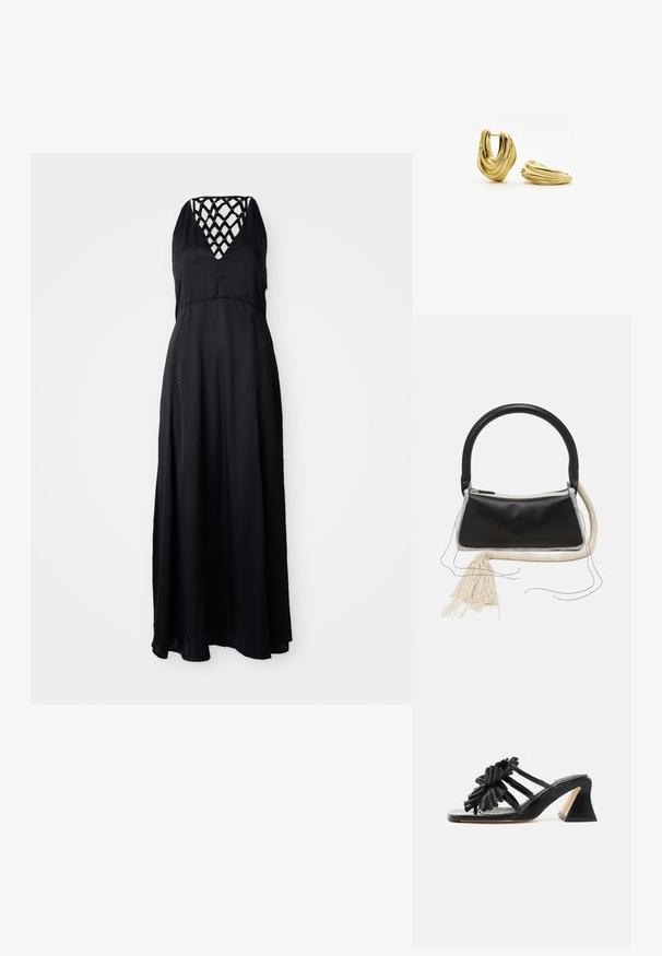 Robe maxi noire avec un décolleté en V et un design de sangles entrecroisées à l'arrière. Tissu léger, silhouette fluide et coupe mi-mollet.; Mule noire à bout ouvert avec des brides en cuir froncées et un talon bloc évasé sur fond blanc.; Sac en cuir noir avec une poignée arrondie, fermeture éclair en argent, bordure en fourrure blanche et un long gland crème attaché à l'avant.; Paire de boucles d’oreilles créoles dorées avec un design torsadé et sculpté, l’une debout et l’autre couchée à plat sur un fond blanc.