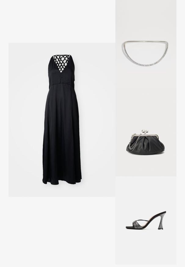 Zwarte maxi-jurk met een V-hals en een crisscross strap ontwerp op de rug. Lichtgewicht stof, vloeiende silhoët en enkel-lange snit.; Zwarte sandalen met hoge hakken en een gestructureerde bovenkant, versierd met glanzende rhinestones, slanke bandjes en een onderscheidend geometrisch ontwerp van de hak.; Zwarte leren clutch met geplooide textuur, zilverkleurig metalen frame, drukknopsluiting en kettingriem. Glad, zacht oppervlak.; Zilveren metalen haarband met een gebogen vorm, voorzien van een rij heldere rhinestones langs de voorkant voor sprankeling en detail.