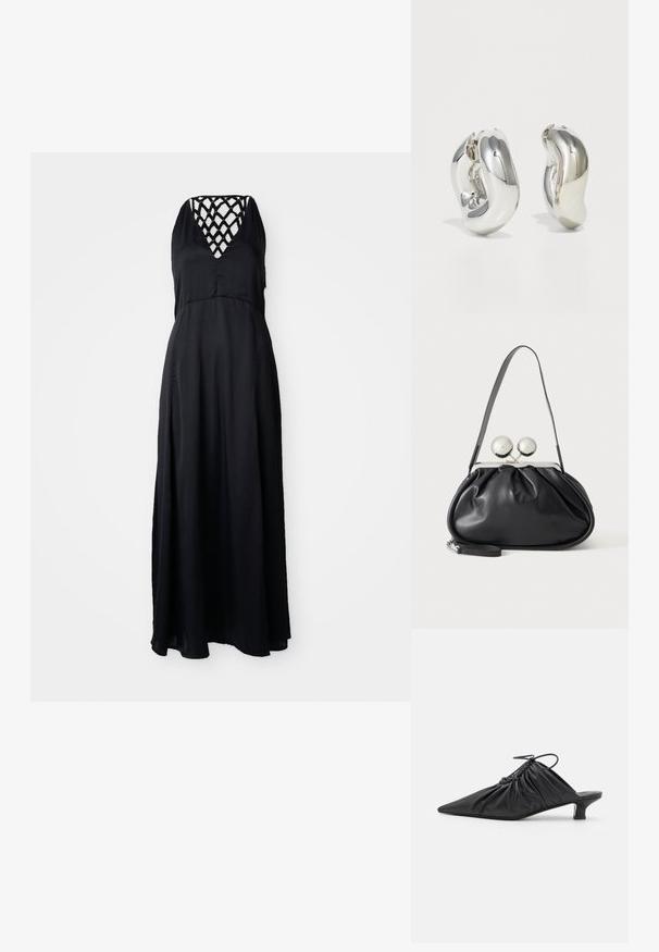Robe maxi noire avec un décolleté en V et un design de sangles entrecroisées à l'arrière. Tissu léger, silhouette fluide et coupe mi-mollet.; Mules noirs en cuir à enfiler avec un bout pointu, une texture froncée et un petit talon aiguille. Présente un détail à cordon au niveau de l'ouverture.; Sac à main en cuir noir avec un design plissé, une sangle unique, un cadre métallique argenté et deux grandes fermoirs ronds en argent.; Boucles d'oreilles sculpturales en argent avec des formes douces et courbes et des surfaces réfléchissantes. Présentent un design de boucle fermée et une forme organique distincte.