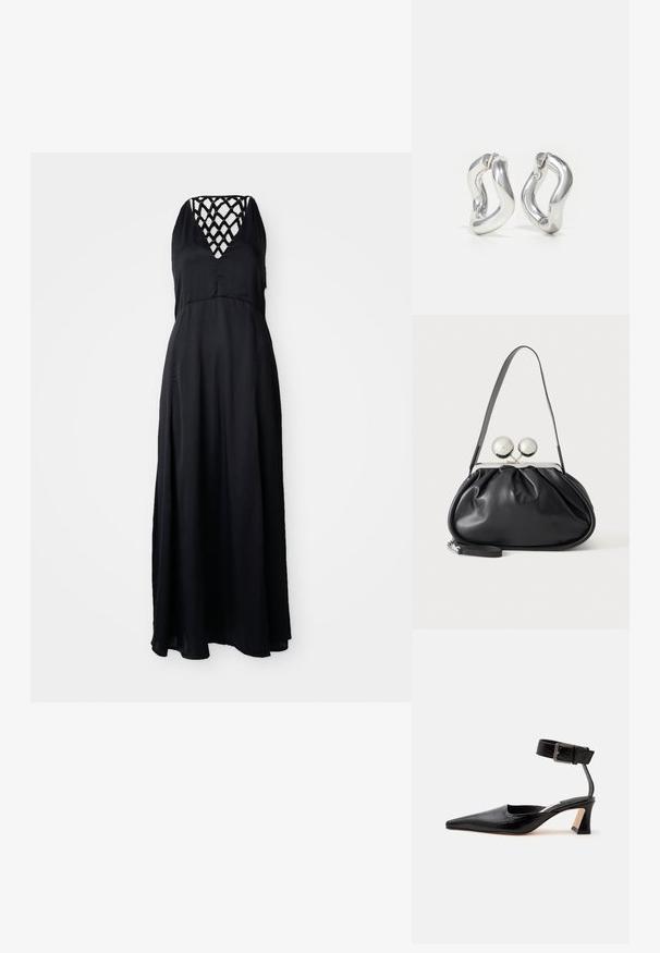 Zwarte maxi-jurk met een V-hals en een crisscross strap ontwerp op de rug. Lichtgewicht stof, vloeiende silhoët en enkel-lange snit.; Zwarte laaggehakte schoen met puntige neus, enkelriem en gesp, met een gestructureerde leren afwerking, getoond vanaf de binnenkant zijaanzicht op een egale achtergrond.; Zwarte leren handtas met een geplooid ontwerp, een enkele schouderband, zilverkleurige metalen omlijsting en twee grote ronde zilveren sluitingen.; Zilveren oorbellen met een gedraaid ontwerp. Afgeronde randen en een glanzende afwerking. Open sluitingen voor gemakkelijk dragen. Soepele textuur over het geheel.