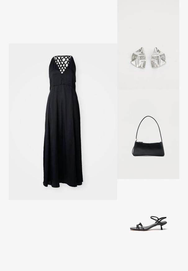 Schwarzes Maxi-Kleid mit V-Ausschnitt und überkreuzten Trägern auf der Rückseite. Leichter Stoff, fließende Silhouette und knöchellanger Schnitt.; Schwarze Ledersandale mit einem schlanken, minimalistischen Design. Sie verfügt über zwei dünne Riemen und einen kleinen, schrägen Absatz. Glatte Textur und offener Zehenbereich.; Schwarze rechteckige Handtasche mit dünnem Riemen und Reißverschluss, vor einem schlichten weißen Hintergrund.; Silberne Metallohrringe mit einem wellenförmigen, skulpturalen Design, das eine polierte Oberfläche und unregelmäßige Formen aufweist, die eine zeitgenössische Ästhetik betonen.