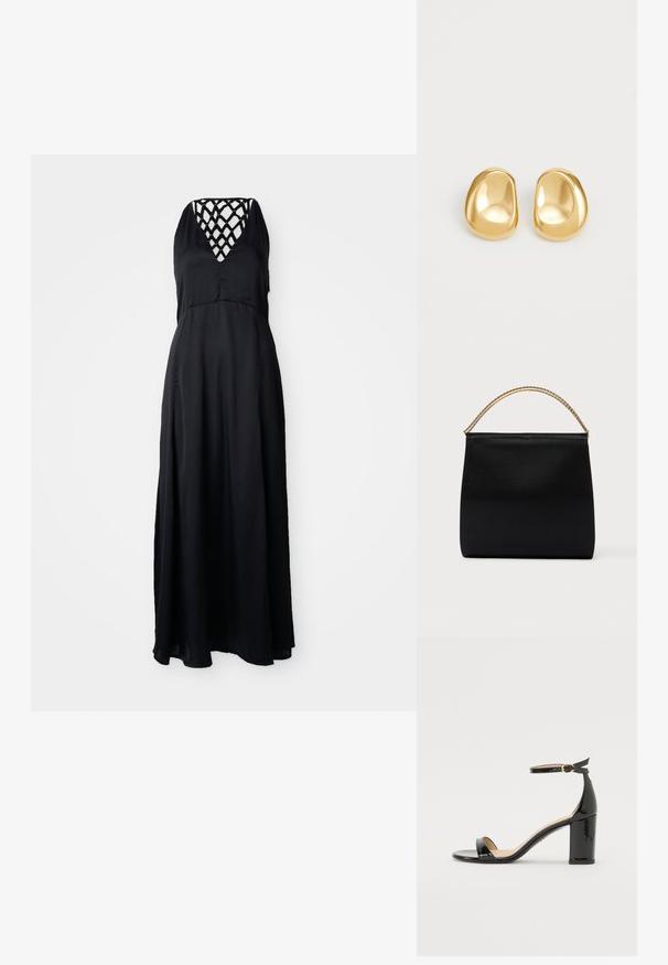 Robe maxi noire avec un décolleté en V et un design de sangles entrecroisées à l'arrière. Tissu léger, silhouette fluide et coupe mi-mollet.; Sandale à talon haut en cuir verni noir avec bride à la cheville et boucle dorée, bout ouvert et talon bloc sur fond blanc.; Sac noir en tissu lisse, présentant une forme structurée, une poignée en chaîne dorée et un design géométrique minimaliste.; Boucles d'oreilles en forme de clou de couleur or, avec une forme lisse et arrondie et une surface réfléchissante, mettant en avant un design minimaliste sans motifs visibles.