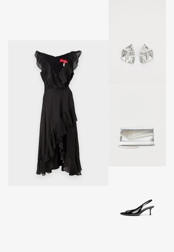 Vestido negro con mangas con volantes y dobladillo en capas. Confeccionado en una tela suave, cuenta con un diseño de escote en V y una silueta fluida.; Tacones slingback de charol negro con punta afilada y acabado brillante. Presentan un tacón delgado y un acento redondeado en el empeine.; Bolso clutch plateado brillante con solapa de estilo sobre y adorno decorativo, pequeña correa de cadena plateada, sobre fondo liso claro.; Pendientes de metal plateado con un diseño ondulado y escultórico, que presentan un acabado pulido y formas irregulares, destacando una estética contemporánea.