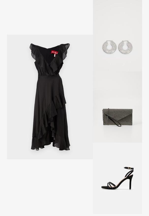 Sort kjole med bølgede ærmer og lagdelt kant. Lavet af blødt stof, med V-udskæring og en flydende silhuet.; Anna Field by Zalando Sandaler - black; Metallic grå clutch pung med struktureret mesh mønster, kuverter design, kæde rem og en slank, tynd håndledsrem.; Sølvøreringe med flere klare krystaludsmykninger, med en struktureret overflade og et åbent rundt design.
