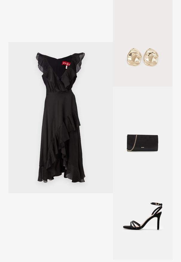 Vestido negro con mangas con volantes y dobladillo en capas. Confeccionado en una tela suave, cuenta con un diseño de escote en V y una silueta fluida.; Anna Field Sandalias - black; Bolso de mano negro hecho de ante con un acabado texturizado, que presenta una cadena dorada y un diseño elegante y angular.; Pendientes de stud en tono dorado, con un diseño irregular y suave, que presenta una superficie reflectante y bordes ondulados. Sin adornos adicionales.