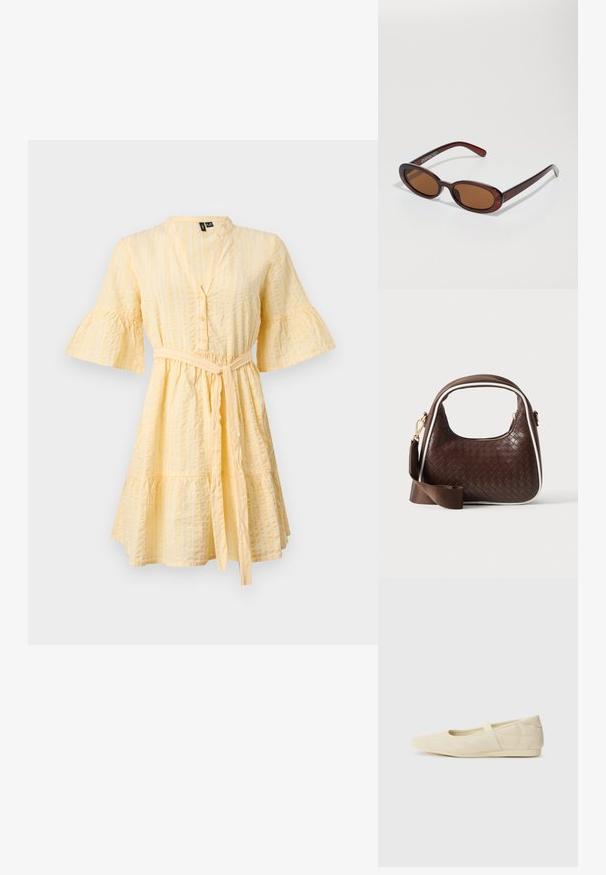 Robe jaune clair longueur genou avec manches évasées trois-quarts, boutons sur le devant, rayures verticales texturées et ceinture nouée à la taille.; Ballerines beiges avec une exterior en cuir lisse, un bout en forme d'amande et une sangle élastique sur le coup de pied, avec des détails de couture subtils.; Lunettes de soleil rondes teinte brun avec une monture bordeaux brillante. Branches fines avec un détail de marque subtil. Design de verres plats.; Sac à main en cuir tressé marron avec passepoil blanc, fermeture éclair dorée et bandoulière amovible en tissu marron.