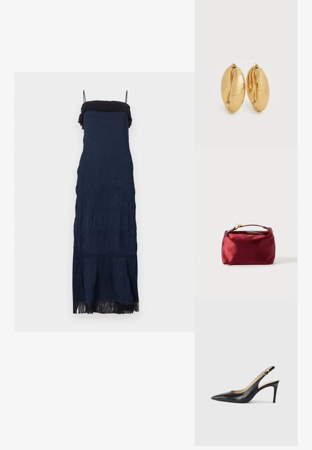 Robe bleu marine sans bretelles avec un corsage froncé, tissu texturé, volants à étages et ourlet à franges. Bretelles spaghetti réglables.; Escarpins en cuir noir avec une pointe fine, une bride ajustable et un talon aiguille élégant, présentant une finition lisse.; Trousse de maquillage en satin bourgogne de forme rectangulaire, avec fermeture éclair et une poignée courte. Présente un design minimaliste et une texture lisse.; Paire de boucles d'oreilles épaisses en forme de créoles, effet or poli, avec un design légèrement ovale et massif, dotées de fermoirs à charnière sur fond blanc.