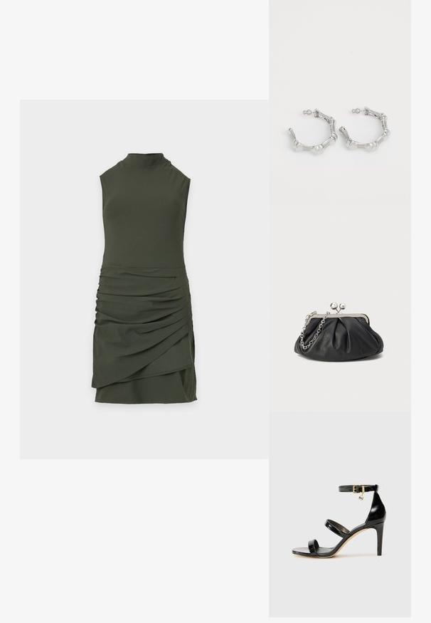 Ärmelloses, dunkelgrünes Minikleid mit hohem Halsausschnitt und gerafften, drapierten Details am Rock vor einem schlichten, hellen Hintergrund.; Schwarze Lackleder-Sandale mit drei Riemen, Knöchelriemen und 10 cm hohen Stiletto-Absatz. Verfügt über goldfarbene Hardware-Details und ein Logo-Charm.; Schwarze Leder-Clutch mit geraffter Textur, silberfarbener Metallrahmen, Druckverschluss und Kettenriemen. Glatte, weiche Oberfläche.; Silberne Creolen mit einem strukturierten, unregelmäßigen Design. Hergestellt aus Metall, verfügen sie über einen sicheren Postverschluss und ein glänzendes Finish.