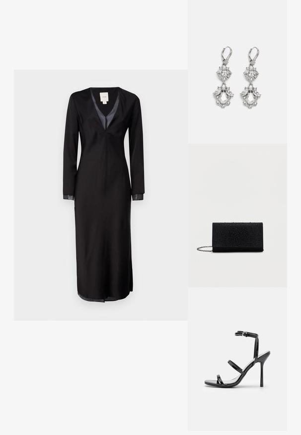 Robe noire à manches longues en tissu doux, dotée d'un décolleté en V profond, d'accents en satin sur le col et de fentes latérales pour faciliter les mouvements.; Sandales à talons hauts en cuir verni noir avec trois sangles horizontales et une sangle de cheville ajustable. Silhouette élégante et finition brillante.; Porte-monnaie noir à poches avec une surface texturée présentant des gouttes en relief, de forme rectangulaire, avec une bandoulière en chaîne et un design minimaliste.; Boucles d'oreilles en métal argenté ornées de plusieurs pierres précieuses en cristal transparent en forme de goutte et de marquise, avec des fermoirs à levier et des détails complexes.