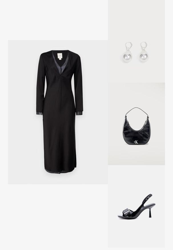 Robe noire à manches longues en tissu doux, dotée d'un décolleté en V profond, d'accents en satin sur le col et de fentes latérales pour faciliter les mouvements.; Sandale à talon haut et bride arrière en cuir verni noir avec une boucle argentée sur la bride avant, sur fond blanc uni.; Sac à main en cuir noir en forme de croissant avec une sangle courte et un logo "cK" argenté sur le devant, fermeture éclair en haut.; Boucles d'oreilles en argent en forme de goutte avec des surfaces lisses, rondes et réfléchissantes, suspendues à des fermoirs à ressort. L'arrière-plan est blanc uni.