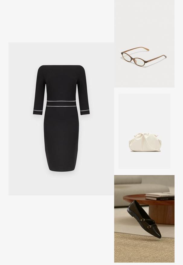Robe midi noire avec manches trois-quarts, encolure bateau et détail de passepoil blanc à la taille et aux poignets des manches.; Chaussure plate noire à bout pointu avec deux fines brides à boucle flottant au-dessus d'un tapis beige, avec une table basse en bois et des livres en arrière-plan.; Lunettes en écaille de tortue marron avec des verres ovales, des branches fines et des accents transparents. Présente un logo subtil sur la branche. Design élégant et léger.; Pochette en cuir souple couleur crème avec un design froncé et une fine bandoulière reposant à l’avant sur un fond uni.