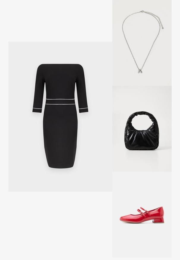 Robe midi noire avec manches trois-quarts, encolure bateau et détail de passepoil blanc à la taille et aux poignets des manches.; Chaussure Mary Jane en cuir verni rouge avec deux brides à boucles et talon bloc bas, vue latérale sur fond blanc.; Sac à main noir rembourré avec une poignée arrondie, présentant une surface lisse et brillante ainsi qu'une texture douce et matelassée. Pas de quincaillerie ou d'accents visibles.; Collier chaîne en argent avec pendentif en forme de lettre majuscule « A » et fermoir ajustable sur un fond blanc uni.