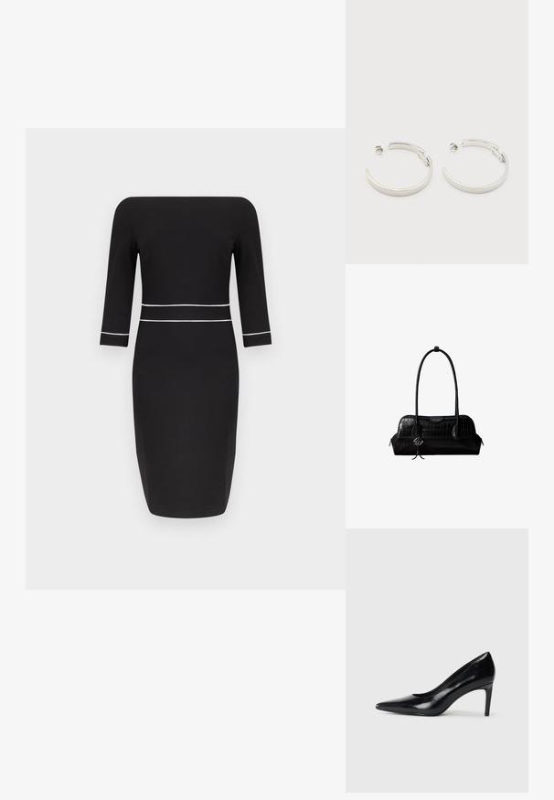 Robe midi noire avec manches trois-quarts, encolure bateau et détail de passepoil blanc à la taille et aux poignets des manches.; Chaussure à talon haut en cuir noir avec un bout pointu, texture lisse et un talon effilé. Design minimaliste, sans embellissements supplémentaires.; Sac à épaule en cuir noir à texture crocodile, avec de longues sangles et un petit charm logo argenté sur une sangle.; Boucles d'oreilles demi-cercles ton argent avec texture striée et fermoirs à pression sur fond blanc.