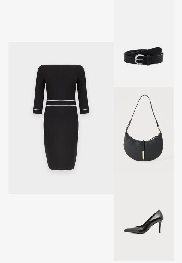 Robe midi noire avec manches trois-quarts, encolure bateau et détail de passepoil blanc à la taille et aux poignets des manches.; Chaussure à talon haut pour femme en cuir verni noir avec bout pointu et talon fin sur fond clair uni.; Sac à main noir en forme de croissant avec une bandoulière unique, une fermeture éclair dorée et une languette décorative rectangulaire dorée à l'avant.; Ceinture en cuir noir avec une boucle ronde en métal argenté, design plat, extrémité effilée, texture lisse et style minimaliste.