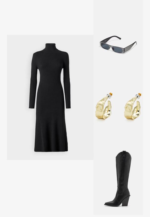 VILA Maxi Knitted - Robe pull - black; RAID SURREY - Bottes de cowboy / motard - black; Lunettes de soleil noires avec des verres gris, ornées d'un motif en grille de petits rhinestones métalliques le long des montures. Fini lisse, design angulaire.; Boucles d'oreilles dorées en forme de mains abstraites, avec une surface brillante, des détails complexes et un fermoir en argent et or pour un maintien sécurisé.