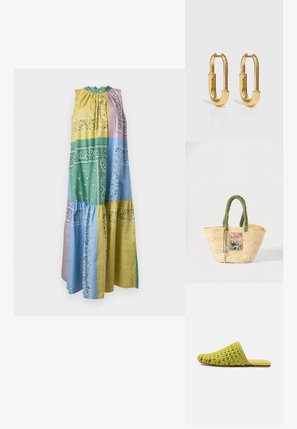 Robe maxi sans manches avec un design patchwork à étages présentant des imprimés cachemire et floraux en jaune, vert, bleu et lavande.; Mule en tissu vert à enfiler avec semelle plate et bout pointu fermé, conçue pour un usage décontracté.; Sac cabas en paille beige tissée avec des poignées tressées vertes et noires et un patch rectangulaire coloré à l'avant.; Boucles d'oreilles en métal doré en forme d'ovale allongé, avec une surface lisse et polie et un petit charnière pour l'attache.