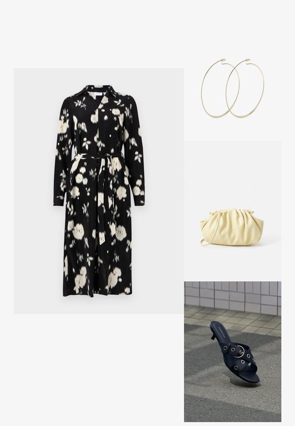 Vestido negro con patrón floral blanco, hecho de una tela suave, cuenta con un cuello, mangas largas y un cinturón a juego en la cintura.; Sandalia negra de tacón con tiras cruzadas que presentan ojales plateados y una hebilla redonda, situada sobre un pavimento texturizado junto a una pared con azulejos.; Bolso amarillo plisado hecho de cuero sintético suave, con una forma blanda y una sola correa para el hombro, además de un diseño de parte superior recogida.; Pilgrim Pendientes - gold-coloured