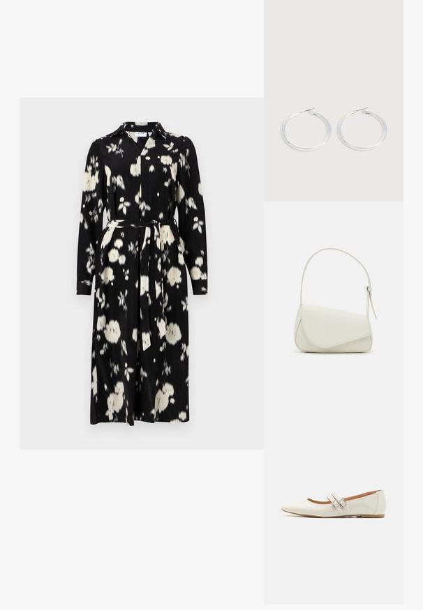 Vestido negro con patrón floral blanco, hecho de una tela suave, cuenta con un cuello, mangas largas y un cinturón a juego en la cintura.; Bailarinas de charol blanco con punta afilada, dos tiras decorativas con hebillas plateadas y una plantilla sutilmente marrón.; Bolso de mano de imitación cuero blanco con una forma triangular estructurada, correa ajustable única y cierre con solapa acentuada en curva.; Pareja de pendientes de aro plateados brillantes con cierres de alambre delgado, mostrados sobre un fondo gris claro.