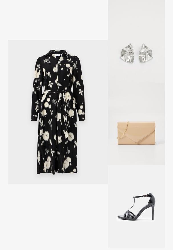 Vestido negro con patrón floral blanco, hecho de una tela suave, cuenta con un cuello, mangas largas y un cinturón a juego en la cintura.; Sandalia de tacón alto de charol negro con correas finas, diseño en forma de T, cierre de hebilla y una silueta curva y elegante.; Clutch de charol beige con cadena dorada, con un diseño de sobre y un cierre de solapa puntiaguda. Textura suave en toda su superficie.; Pendientes de metal plateado con un diseño ondulado y escultórico, que presentan un acabado pulido y formas irregulares, destacando una estética contemporánea.