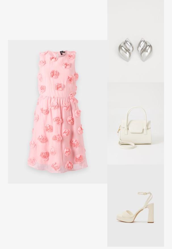 Rosa ärmelloses Kleid mit gerafftem Bund, das an verschiedenen Stellen mit 3D-Blütenapplikationen verziert ist, aus leichtem Stoff mit weicher Textur.; ALDO LOTHON - Plateaupumps - white/bone; Kleine weiße Handtasche mit doppelten Griffen, Frontklappe und abnehmbarem Schulterriemen mit goldener Schnalle vor weißem Hintergrund.; Silberne Ohrringe mit einer organischen, abstrakten Form. Glatte, glänzende Oberfläche mit einem konischen Design. Mit dezenten Kurven und einem zentralen Linienelement.