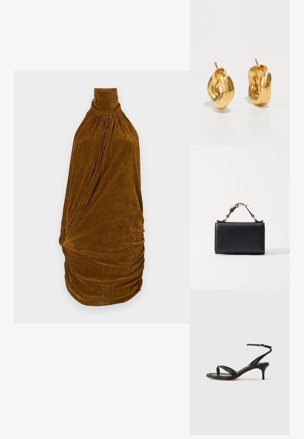Robe sans manches en velours marron avec un col montant froncé et des détails de drapé plissé sur le corsage et la jupe.; Sandale pour femme en cuir noir avec fines lanières, une boucle d'orteil, une boucle à la cheville et un talon aiguille de hauteur moyenne sur un fond neutre.; Sac à main en cuir noir de forme rectangulaire, doté d'une anse supérieure et d'accents en métal doré. Texture lisse, design minimaliste.; Boucles d'oreilles créoles en or massif avec un design tubulaire légèrement tordu et des fermoirs à tige sur un fond blanc.
