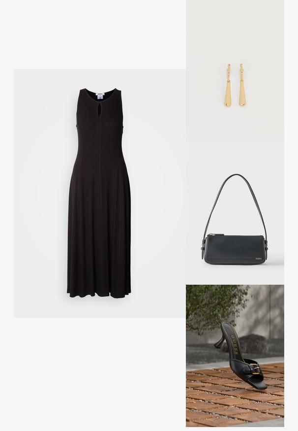 Schwarzes ärmelloses Maxikleid mit Schlüssel-Ausschnitt, taillierter Passform und schwingendem Rock. Der Stoff hat eine glatte Textur mit sichtbaren Nähdetails.; Schwarze High-Heel-Pantolette mit goldener Schnalle und „GUESS“-Logo innen, auf strukturiertem Außenfliesenboden mit verschwommenem grünem Hintergrund positioniert.; Schwarze rechteckige Lederschultertasche mit goldenem Reißverschluss und kleinem goldenem "HUGO"-Logo auf der Vorderseite, mit verstellbarem Riemen und Schnalle.; Ohrhänger in Gold-Ton mit glatten, länglichen Tropfenanhängern, die an kleinen Creolenverschlüssen hängen, auf weißem Hintergrund.