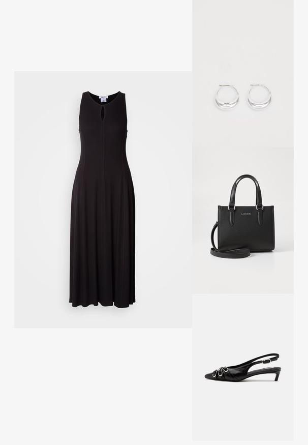 Vestido largo sin mangas negro con cuello en forma de llave, cuerpo entallado y falda acampanada. La tela tiene una textura suave con costuras visibles.; Zapato slingback de cuero negro con punta puntiaguda, tres hebillas plateadas en la parte delantera y tacón bajo tipo «kitten» sobre fondo blanco.; Bolso de cuero negro texturizado con asas cortas y una correa de hombro desmontable. Presenta un logo plateado de "LACOSTE" en la parte frontal.; Pendientes de aro de plata con un acabado pulido y la marca DKNY, exhibidos sobre un fondo blanco liso.