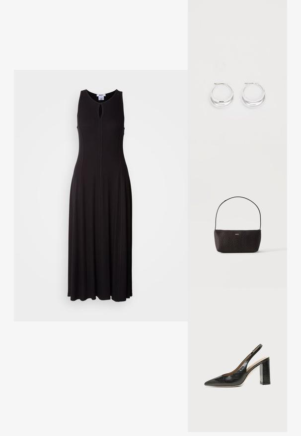 Schwarzes ärmelloses Maxikleid mit Schlüssel-Ausschnitt, taillierter Passform und schwingendem Rock. Der Stoff hat eine glatte Textur mit sichtbaren Nähdetails.; Schwarzer Leder-Slingback-Schuh mit spitzer Kappe, hohem Blockabsatz und beigegefüttertem Innenraum vor hellem, einfarbigem Hintergrund.; Schwarze gewebte strukturierte Handtasche mit einem einzelnen Schulterriemen und kleinem goldfarbenem "BOSS"-Logo vorne mittig.; Silberne Creolen mit glänzender Oberfläche und DKNY-Logo, vor einem schlichten weißen Hintergrund präsentiert.