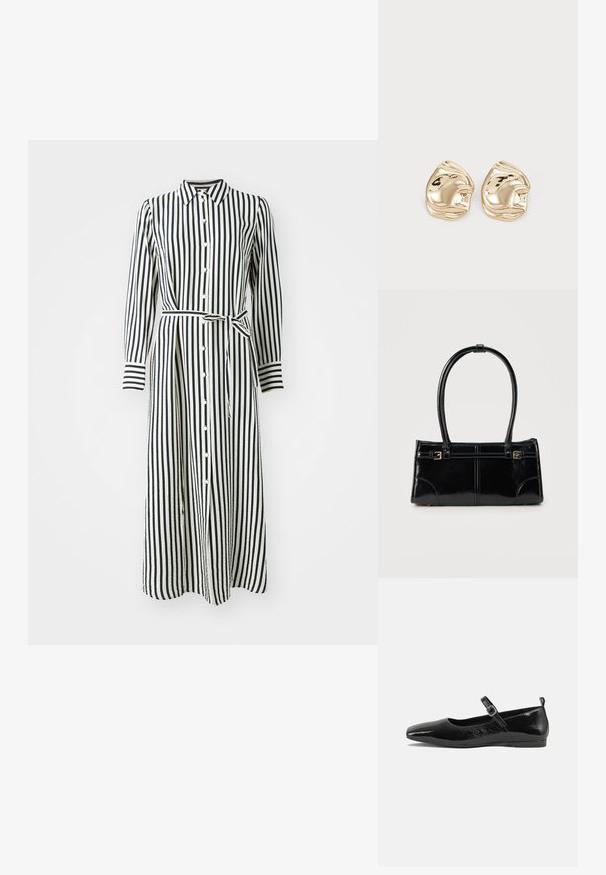 Robe rayée à manches longues, avec un devant boutonné et une ceinture à la taille. Présente des rayures verticales noires et blanches et un col.; Chaussure plate en cuir verni noir avec un bout pointu, une sangle de cheville avec boucles, et une texture lisse et brillante. Talon bas pour le confort.; Sac à main rectangulaire noir brillant avec deux fines bretelles et petits détails de boucles dorées à l'avant.; Boucles d'oreilles en métal doré en forme d'ergots, présentant un design irrégulier et lisse avec une surface réfléchissante et des bords ondulés. Sans embellissements supplémentaires.