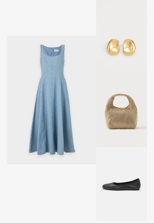 Robe sans manches en denim bleu clair avec encolure arrondie et taille ajustée, s'évasant en une longue jupe trapèze, fermeture éclair au dos.; Ballerines en cuir noir avec un bout rond, texture lisse, détails de couture minimalistes et design de semelle flexible.; Petit sac à main doré recouvert de clous ronds brillants avec une poignée courte et une découpe rectangulaire en haut.; Boucles d'oreilles en forme de clou de couleur or, avec une forme lisse et arrondie et une surface réfléchissante, mettant en avant un design minimaliste sans motifs visibles.