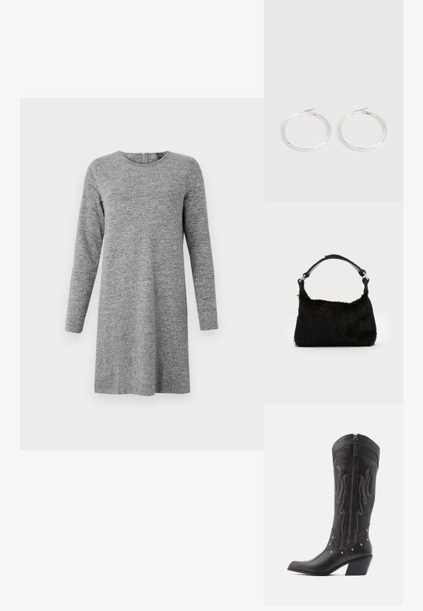 Robe en maille à manches longues, gris clair, avec un col rond et une fermeture éclair dans le dos.; Bottes de cowboy en cuir marron avec surpiqûres en forme de flammes, fermeture éclair latérale, clous argentés, bout pointu et talon superposé.; Sac à main en fausse fourrure noire avec une texture douce, une forme arrondie et une bandoulière en cuir noir robuste. Accent en métal argenté visible.; Paire de boucles d'oreilles créoles argentées brillantes avec fermoirs en fil fin, présentée sur un fond gris clair.